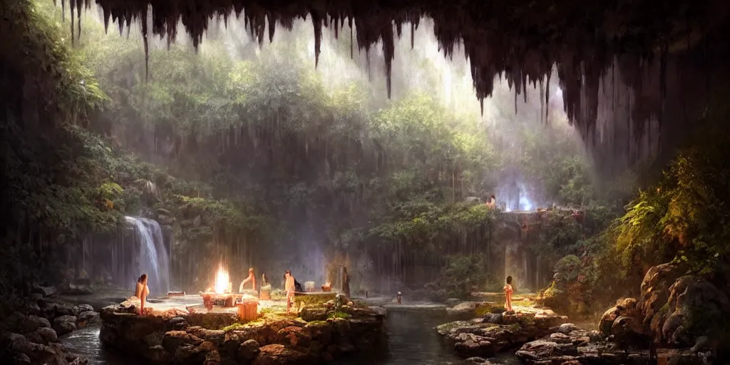 Prompt: detailed interior of cozy hotsprings hidden inside a cave, small waterfalls, lush vegetation, flowers, towels, plates of fruit, candlelight, digital painting, concept art, light shafts, stunning atmosphere, by Greg Rutkowski, cinematic lighting