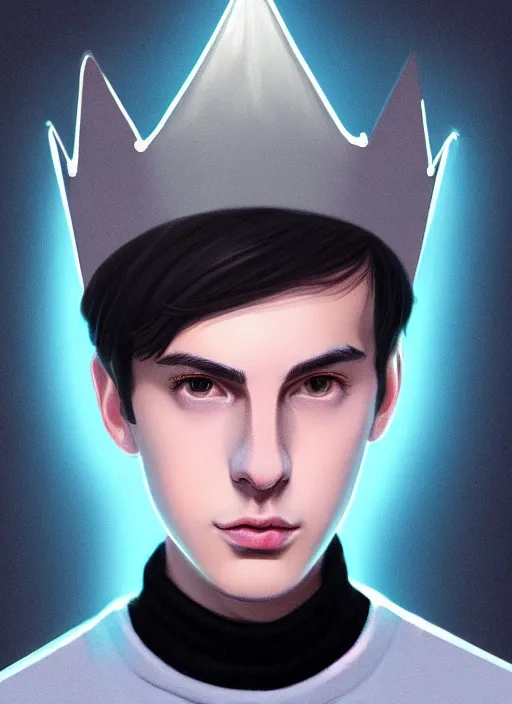 Image similar to portrait of teenage jughead jones wearing a light grey crown, crown, blue turtleneck, closed eyes, photorealistic, black hair, glowing lighting, intricate, elegant, glowing lights, highly detailed, digital painting, artstation, concept art, smooth, sharp focus, illustration, art by wlop, mars ravelo and greg rutkowski