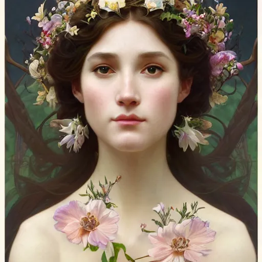 Image similar to portrait of spring goddess, intricate, elegant, highly detailed, digital painting, artstation, concept art, smooth, sharp focus, illustration, art by artgerm and greg rutkowski and stephanie law and alphonse mucha and william - adolphe bouguereau