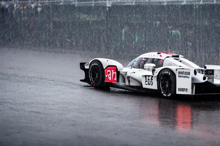 Prompt: detailed photo of the porsche 9 1 9 in heavy rain at circuit de spa - francorchamps, motorsports photography, photo by rainer w. schlegelmilch