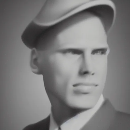 Image similar to A photograph portrait of Jerma985 wearing a suit with and fedora in the 1940s, taken in the early 1940s, grainy, taken on a 940s Kodak Camera, realistic, hyperrealistic, very realistic, highly detailed, very detailed, extremely detailed, detailed, digital art, trending on artstation