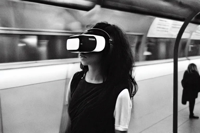 Image similar to girl in vr headset in a subway, richard avedon, tri - x pan, ominous lighting