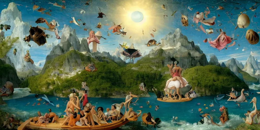 Image similar to The Great Turtle Island at the center of the Universe holding up the sky, Encircled by Mystical Interstellar Nether Worlds, Magic Fairyland, Going to the Sun Highway Glacier Park, Michael Cheval, Hieronymus Bosch, François Boucher, William-Adolphe Bouguereau, Oil Painting, unreal 5, DAZ, hyperrealistic, octane render, Regal, Refined, Detailed Digital Art, RPG portrait, Anton Fadeev, Walt Disney (1937), Steampunk, Volumetric Golden dappled dynamic lighting, Highly Detailed, Cinematic Lighting, Unreal Engine, 8k, HD