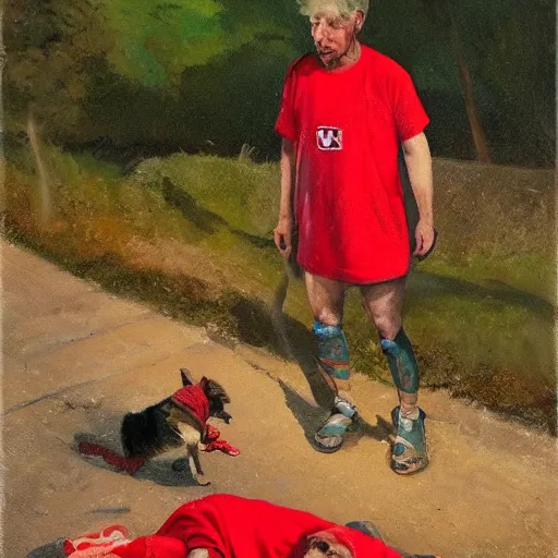 Image similar to a man in cheap and red used sportswear. he is smoking a cigarette. he is sitting on a dead dog. he is on the side of the road. he is wearing slippers. it is a rural scene, in poor village, dramatic lighting, hyper detailed, surreal, hyperrealism, oil painting