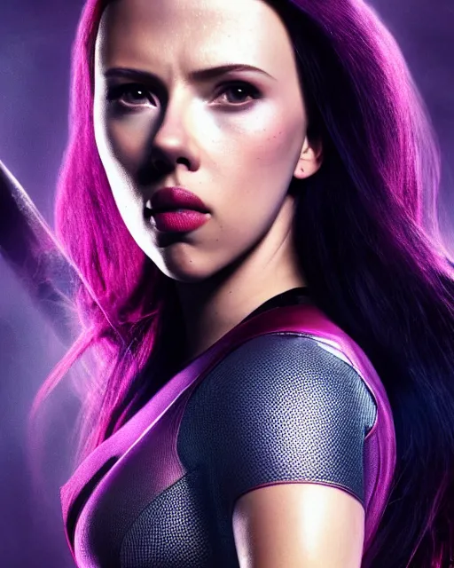 Prompt: scarlett johansson portraying a beautiful psylocke with long dark hair, marvel the uncanny x men comics, beautiful scarlett johansson psylocke, movie, hyper realistic, hollywood promotional image, imax, 8 k