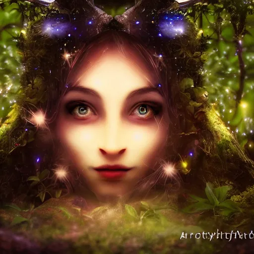 Prompt: a gorgeous photography of the face of a magical fairy in the night in a forest, 4k, detailed, trending on artstation