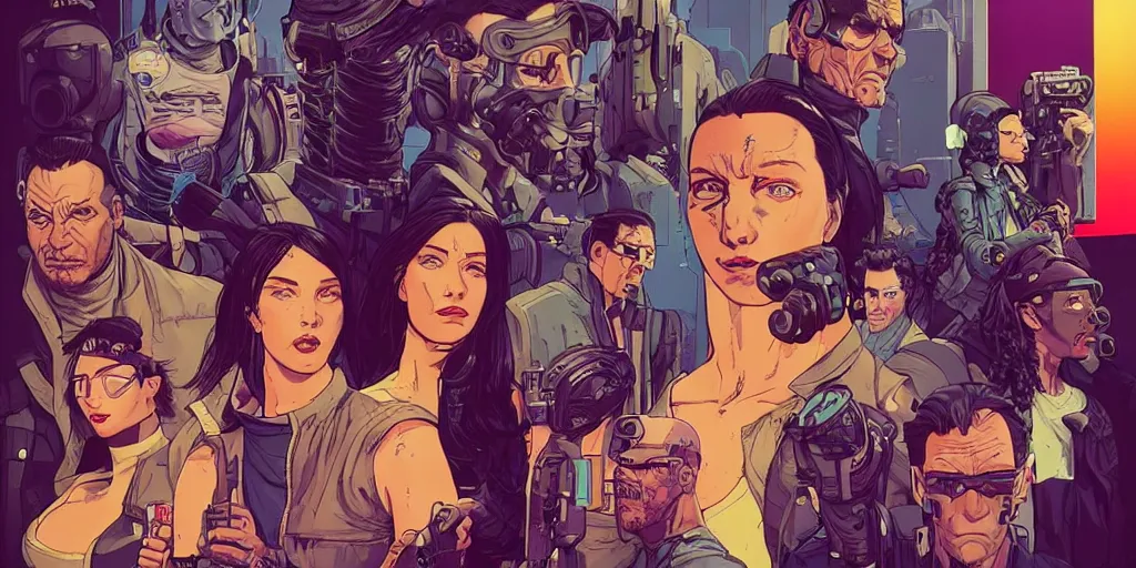 Image similar to cyberpunk heist crew. portrait by stonehouse and mœbius and will eisner and gil elvgren and pixar. character design. realistic proportions. dystopian. cyberpunk 2 0 7 7 character art, blade runner 2 0 4 9 concept art. cel shading. attractive face. thick lines. hi def 4 k. the team. detailed interesting characters. realistic expressive faces.