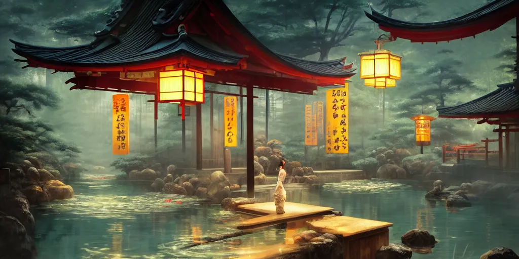 Image similar to painting of private magical onsen next to japanese inn with levitating lanterns and dragon spirits by greg rutkowski craig mullins ross tran cozy hot springs bonsai zen garden steamy flowers japanese motifs concept art clear focus fantasy d & d cinematic lighting unreal engine lumen trending on artstation