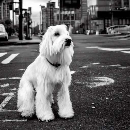 Image similar to photo of a white schnauzer dog with open wings on his back sitting on the street of an abandoned dystopic city, hyprrealism, 5 5 mm photo