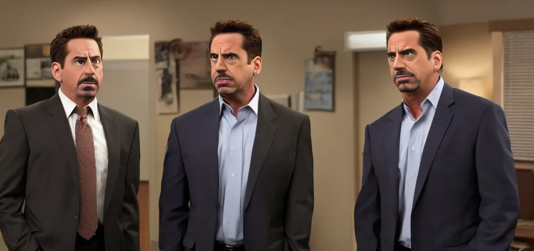 Image similar to a very high resolution image of tony stark with micheal scott. from an episode of the office. photorealistic, photography