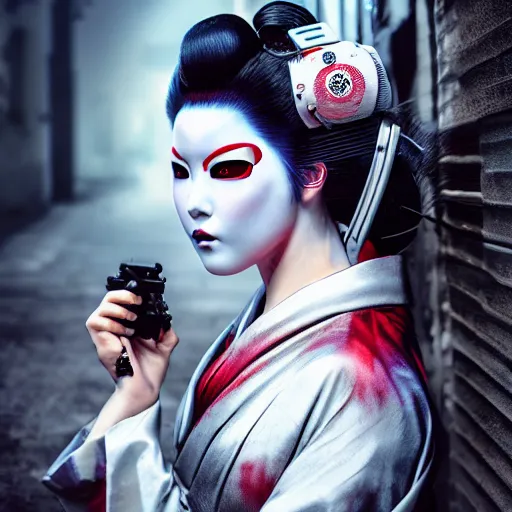 Prompt: a hyper realistic stunningly cyborg tradition geisha photograph, covering face with a intricate sci - fi fan, in a dark street, metal gear solid, dark moody backlighting, ray tracing, octane render,