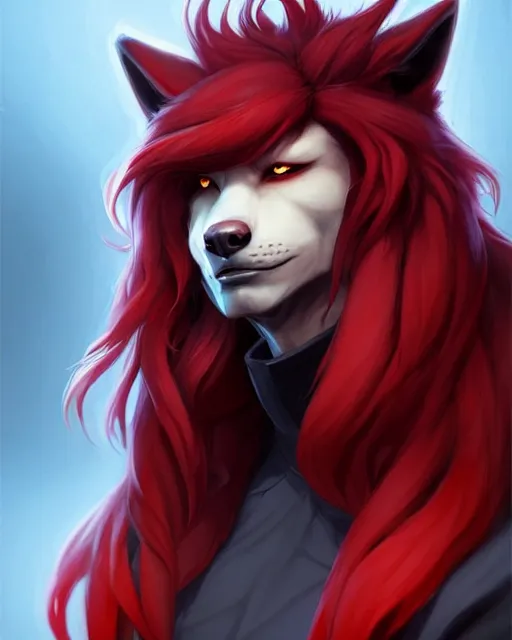 Image similar to character concept art of a black anthropomorphic furry male wolf with long red hair, futuristic | | cute - fine - face, pretty face, key visual, realistic shaded perfect face, fine details by stanley artgerm lau, wlop, rossdraws, james jean, andrei riabovitchev, marc simonetti, and sakimichan, artstation