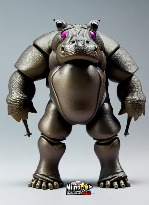 Prompt: Anthropmorphic hippo knight action figure from Micronauts, TMNT, MOTU, symmetrical details, by Hasbro, Playmates Toys, Don Bluth, tfwiki.net photography, product photography, official media
