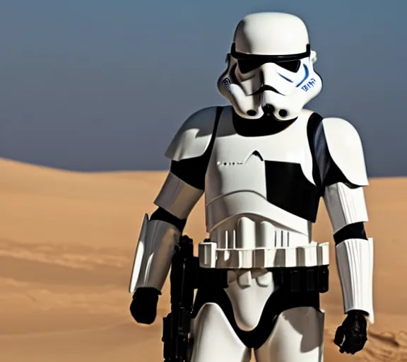 Prompt: a star wars stormtrooper in the desert, dunes, sun, haze
