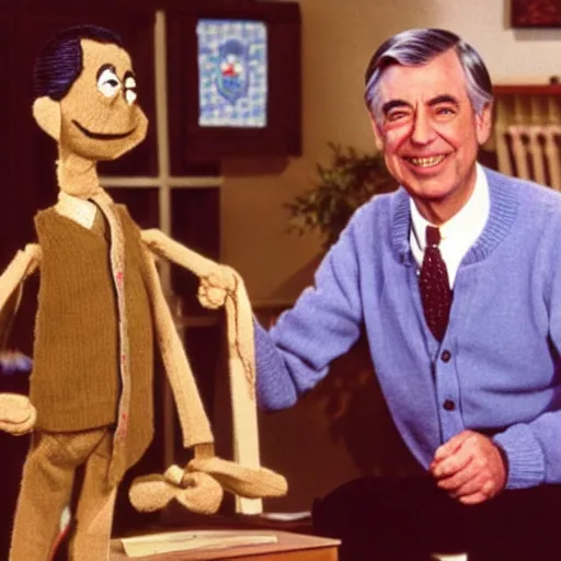 Image similar to mr. rogers proudly displaying a hand - carved mr. rogers marionette. 1 9 7 0 s photo.