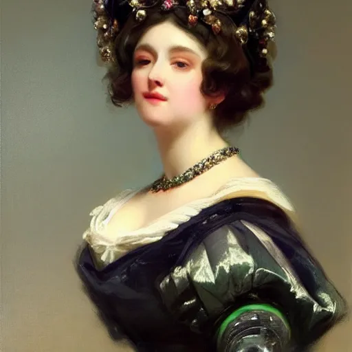 Image similar to an beautiful portrait render of a Queen by Franz Xaver Winterhalter, vivid, trending on artstation, Pinterest, beautiful face, highly detailed, fancy, Romanticism, Rococo