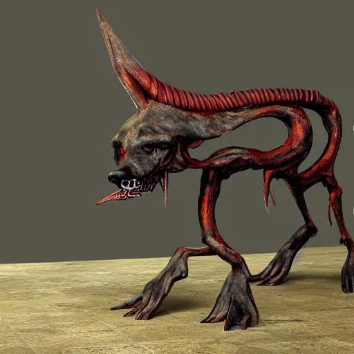 Prompt: deformed quadruped dog creature with scary pointy spindley lims, uncanny valley, liminal, creepypasta, nightmare