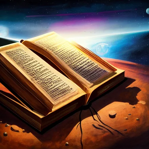 Image similar to front facing shot of an ancient book on a vintage table in space, concept art, sci - fi illustration, painting, realistic,, radiant light, detailed and intricate environment, 8 k, h 6 4 0