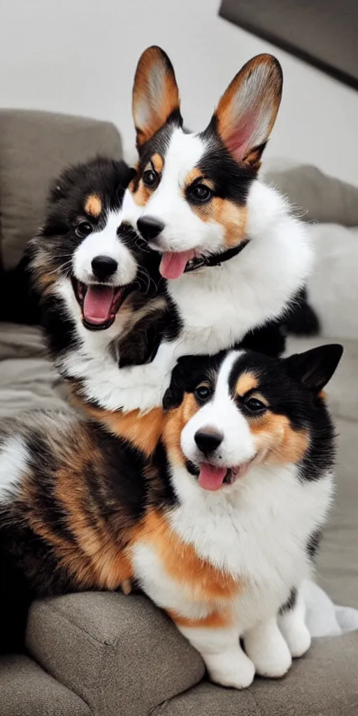 Prompt: cute corgi and a cute fluffy tuxedo cat riding on the top of him, realistic photo