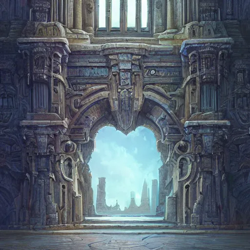 Image similar to carved futuristic door at the end of ancient ornate steps shows a large window to a city detailing the vast architectural scientific ancient and cultural acheivements of humankind, magical atmosphere, jorge jacinto, andreas rocha, damian kryzwonos, ede laszlo, christian reiske, trending on artsation, digital art, cinematic blue gold