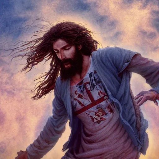 Image similar to UHD photo of a Jesus skateboarding , stoner rock, extremely detailed, 8k, cinematic lighting, in the style of Amano and Ayami Kojima, with vivid colors and rich composition