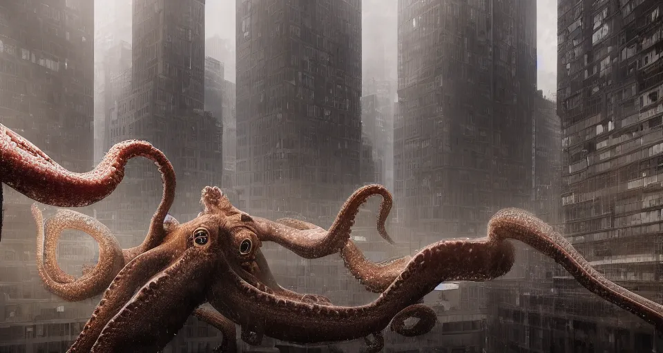 Prompt: giant pacific octopus in between high buildings, dramatic scene, beautiful atmosphere, by greg rutkowski and maciej rebisz, octane render, vray, arnold