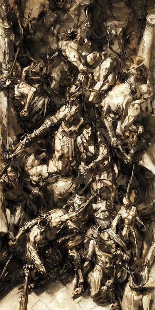 Image similar to oil painting scene from inquisition art by kim jung gi