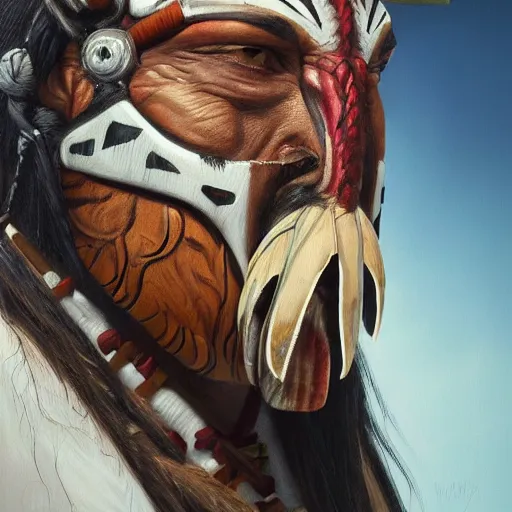 Image similar to painting portrait of a native american wearing a predator face mask, artstation, ultra detailed