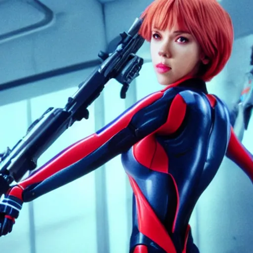 Image similar to still of Scarlett Johansson cosplaying as Rei Ayanami