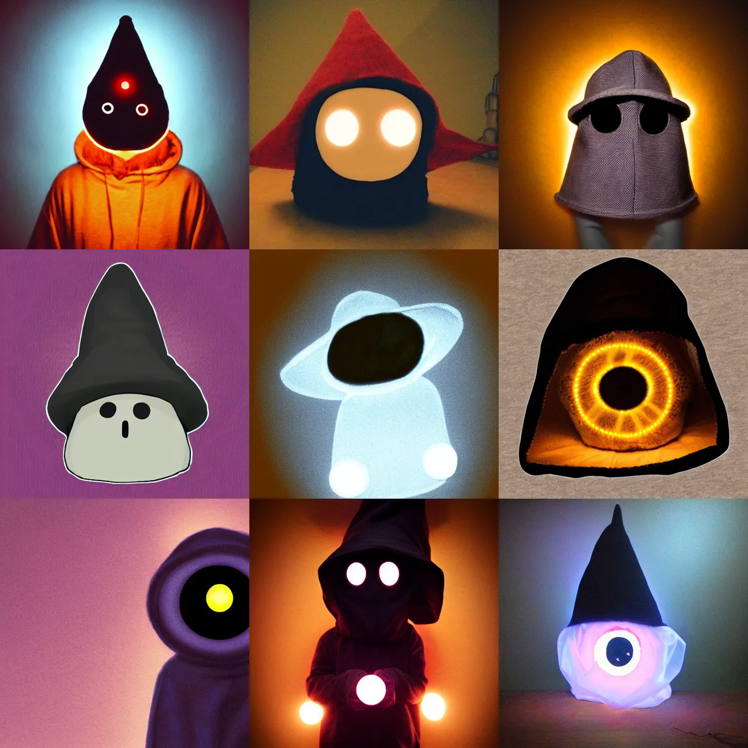 Prompt: tiny cute wizard glowing eyes big hat no face