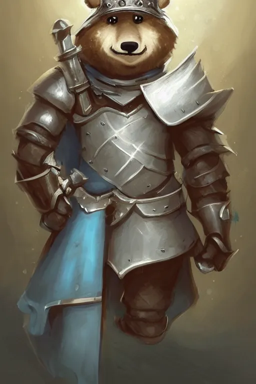 Image similar to cute little anthropomorphic bear knight wearing a cape and a crown, tiny, small, miniature bear, baby animal, short, pale blue armor, cute and adorable, pretty, beautiful, DnD character art portrait, matte fantasy painting, DeviantArt Artstation, by Jason Felix by Steve Argyle by Tyler Jacobson by Peter Mohrbacher, cinematic lighting