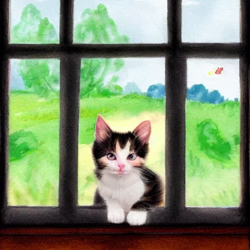 Prompt: cute calico kitten looking out of the window on a [ [ [ [ beautiful ] ] ] ] summer day, storybook art, detailed, cute, profile shot, featured on artstationg, gorgeous!!!