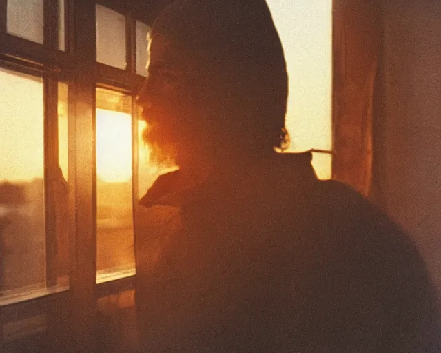 Image similar to award - winning lomographic tarkovsky film still of 4 0 years russian man with beard and sweater standing on small hrushevka 9 th floor balcony in taiga looking at sunset, cinestill, bokeh