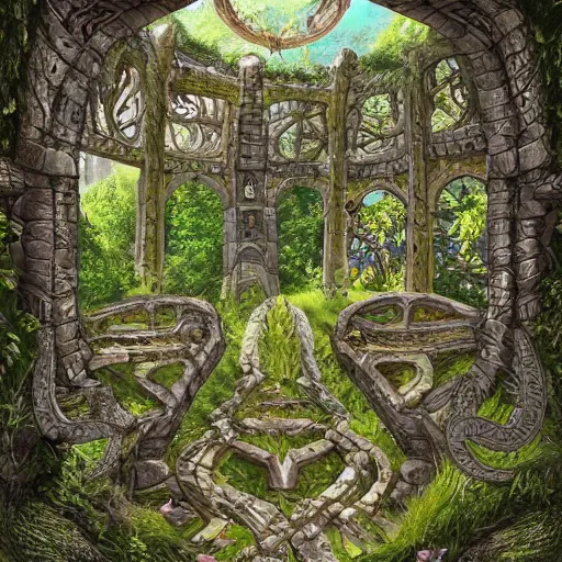 Prompt: ancient overgrown ruins, medieval gates, runestones, nostlagia, mysetrious etherial mesmerizing runic cat eyes, magical elven geometry, floating islands, high detail