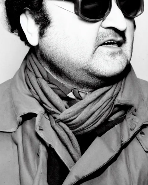 Image similar to headshot of john belushi wearing a leather ushanka and aviator goggles, he is also wearing an a 2 flight jacket, a long white scarf is wrapped around his neck, he has a 5 o'clock shadow, a crazed angry look on his face