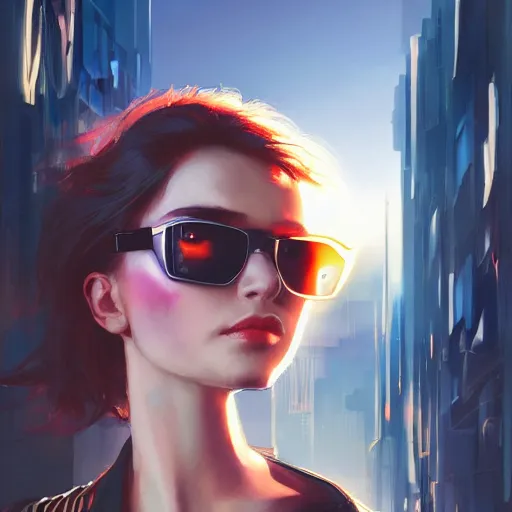 Prompt: a closeup portrait of a young woman as a cyberpunk protagonist, shag cut, sunglasses, augmented, dramatic light, city background, megacity, sunset, high contrast, sharp, painted by stanley lau, painted by greg rutkowski, painted by stanley artgerm, digital art, trending on artstation