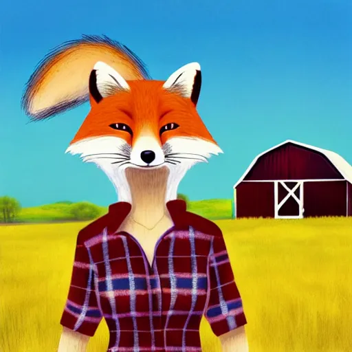 Image similar to a female fluffy anthropomorphic fox animal, head of fox, wearing cowboy hat, wearing plaid shirt, playing guitar, in a field, barn in background, album cover style