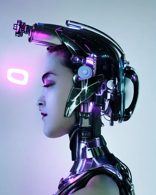 Prompt: creative photo of female dancer as a cyberpunk mecha humanoid robotic head shoulder parts with linear bright led lights, inside white room, ultra - realistic and detailed, 8 k