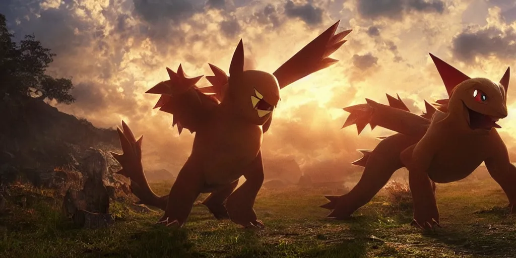 Image similar to photo of real life pokemons, creepy!!!, scaly!!!, gritty!!!, menacing!!!, evil, ultra realistic, gritty, golden hour, volumetric lighting, sharp focus