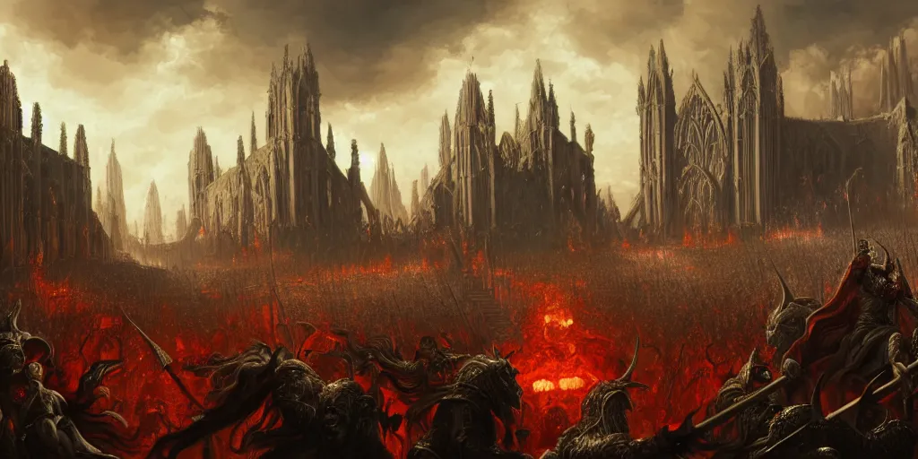 Image similar to highly detailed portrait painting of an ancient gods on hell horses war battle, abbey warhammer battle, old abbey in the background, character in the foreground, cathedrals, giant columns, arcane magic explosions by liang xing, 8 k resolution