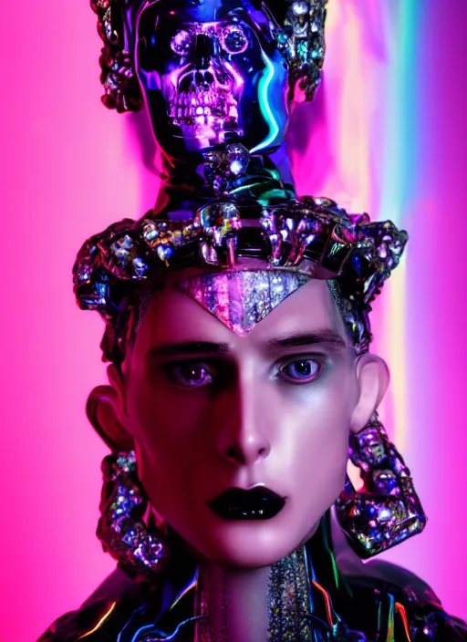 Image similar to photo of baroque and bladerunner delicate neon sapphire sculpture of seductive onyx albino king adrien sahores geometric pink iridescent humanoid deity wearing black fluffy hoody holding diamond skull in a black metallic dungeon, reclining, glowing rainbow face, crown of white diamonds, cinematic lighting, photorealistic, octane render 8 k depth of field 3 d