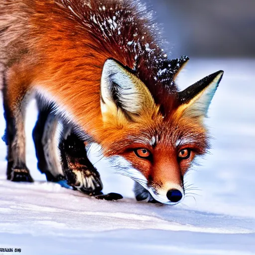 Image similar to Up close Photorealistic photograph of a cute fox in snow, photorealism, photorealistic, realism, real, highly detailed, ultra detailed, detailed, shutter speed 1/1000, Canon EOS 90D, up-close, Wildlife Photographer of the Year, Pulitzer Prize for Photography, 8k