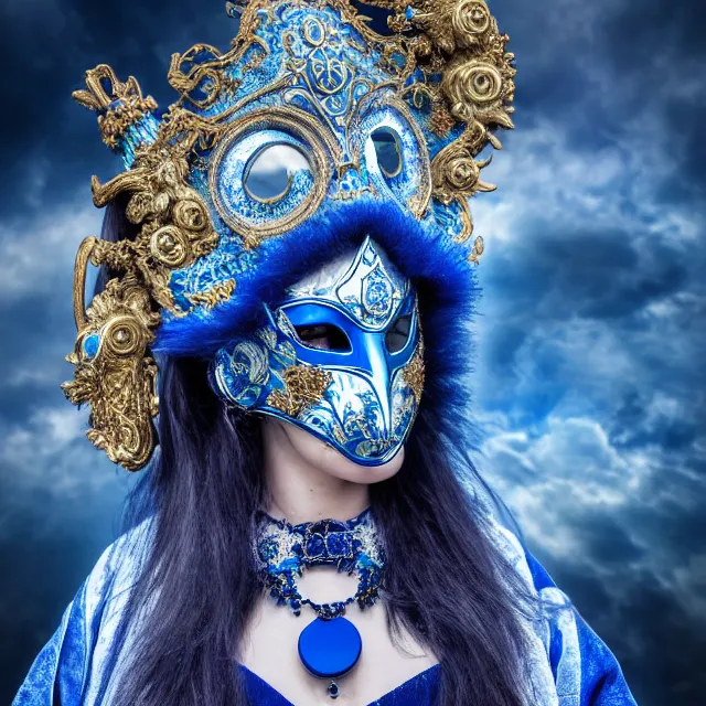 Prompt: beautiful!! elemental sky witch with intricate ornate blue and white robes and venetian mask and sky powers highly detailed 8 k hdr smooth sharp focus high resolution award - winning photo