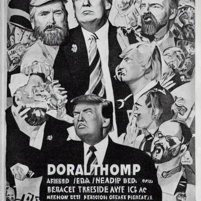 Image similar to bearded donald trump winning 2 0 2 4 presidential election in 1 9 4 0's style propaganda