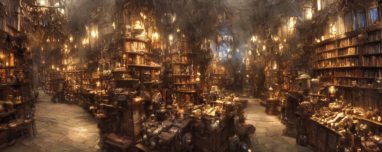 Image similar to most epic dramatic diagon alley magic store interior. epic cinematic hyperrealism masterpiece. realistic poster with shaded lighting by craig mallismo, artgerm, jeremy lipkin and michael garmash, unreal engine, radiant light, detailed and complex environment, digital art, art station trends