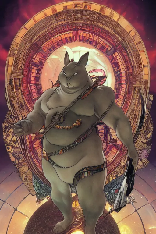 Prompt: big chungus emerging from a stargate, by artgerm and yoshitaka amano and moebius and alphonse mucha, hyperdetailed, dc comics, ornate, nebula, explosions in the sky, trending on artstation