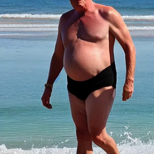 Prompt: Donald trump showing off his pregnant belly at the beach, he is wearing a Speedo and does not have a shirt on