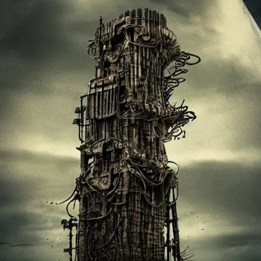 Image similar to giant evil bio-organic fleshy complex machine tower with tendrils and one eyeball at the top looking over a stormy post-apocalyptic wasteland, dystopian art