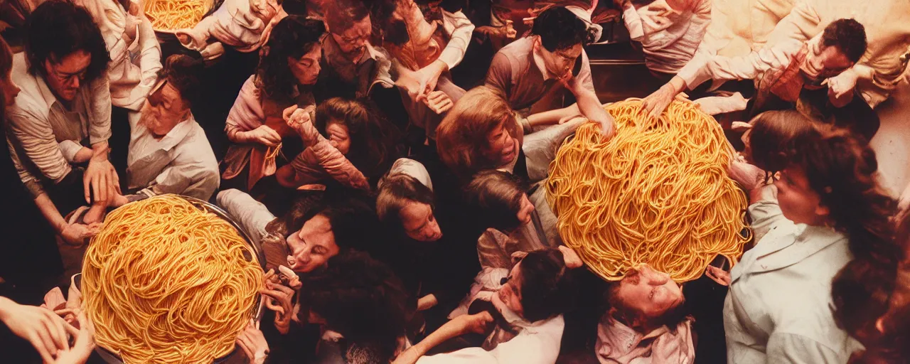 Image similar to a group of people being consumed by a giant bowl of spaghetti, fear, anxiety, canon 5 0 mm, cinematic lighting, photography, retro, film, kodachrome