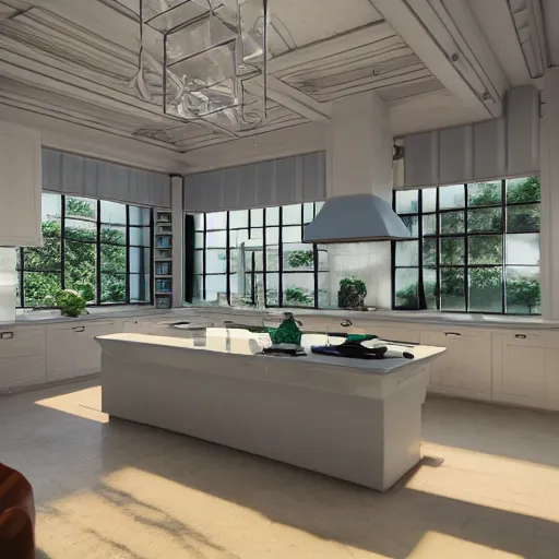 Prompt: vaporwave kitchen, liminal space, high detail, rendered in unreal engine, 3d render, god rays, volumetric lighting, mansion, interior, large windows, rich house